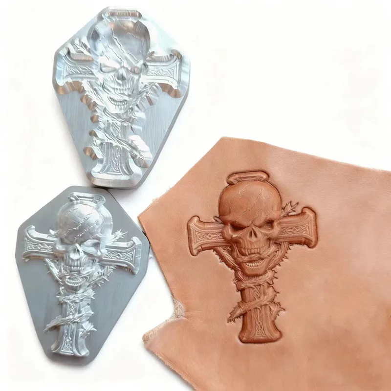 

Gothic Dark Cross & Skull Stamp Set 78x58/118x88mm - Aluminum 3D Embossing Mold For Leathercraft | Ornate Carved Metal Tool
