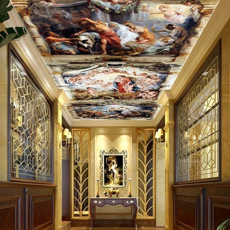 

Custom Hand-Painted European Palace Style Ceiling Mural Abstract Figures Oil Painting Wallpaper for Home Decor Classic Wall Art