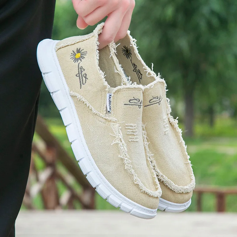 Men's Ultra Light Soft Canvas Shoes Male Breathable Espadrilles Man Casual Frayed Hem Loafers New Slip On Distressed Sneakers