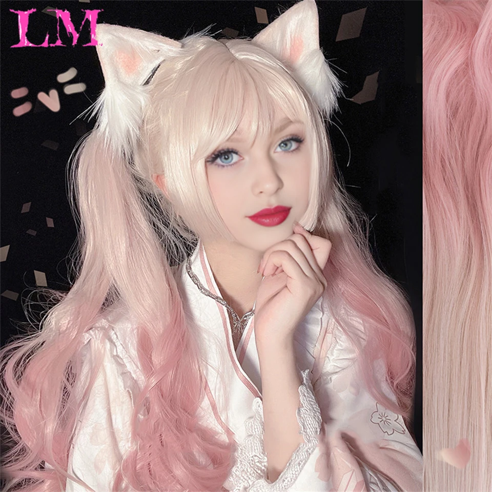 LM Blonde Unicorn Synthetic Ombre Mixed Pink Blond Long Wavy Wigs with Bangs Cosplay Party UseHeat Resistant Fiber for Women