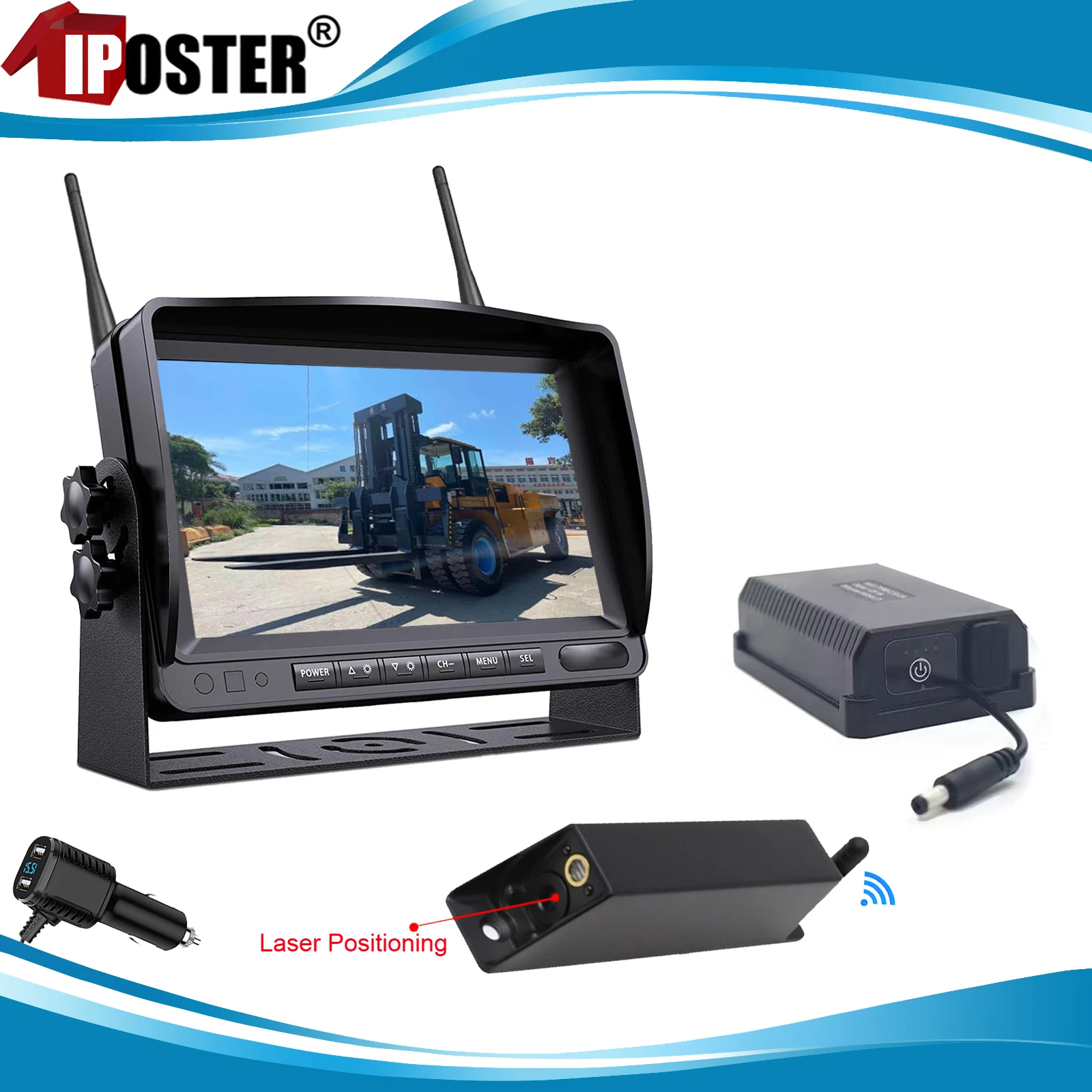 iPoster Digital Wireless 7 Inch DVR Monitor Standby Mode Laser Positioning Magnetic Battery 1080P Forklift Front View Camera Kit