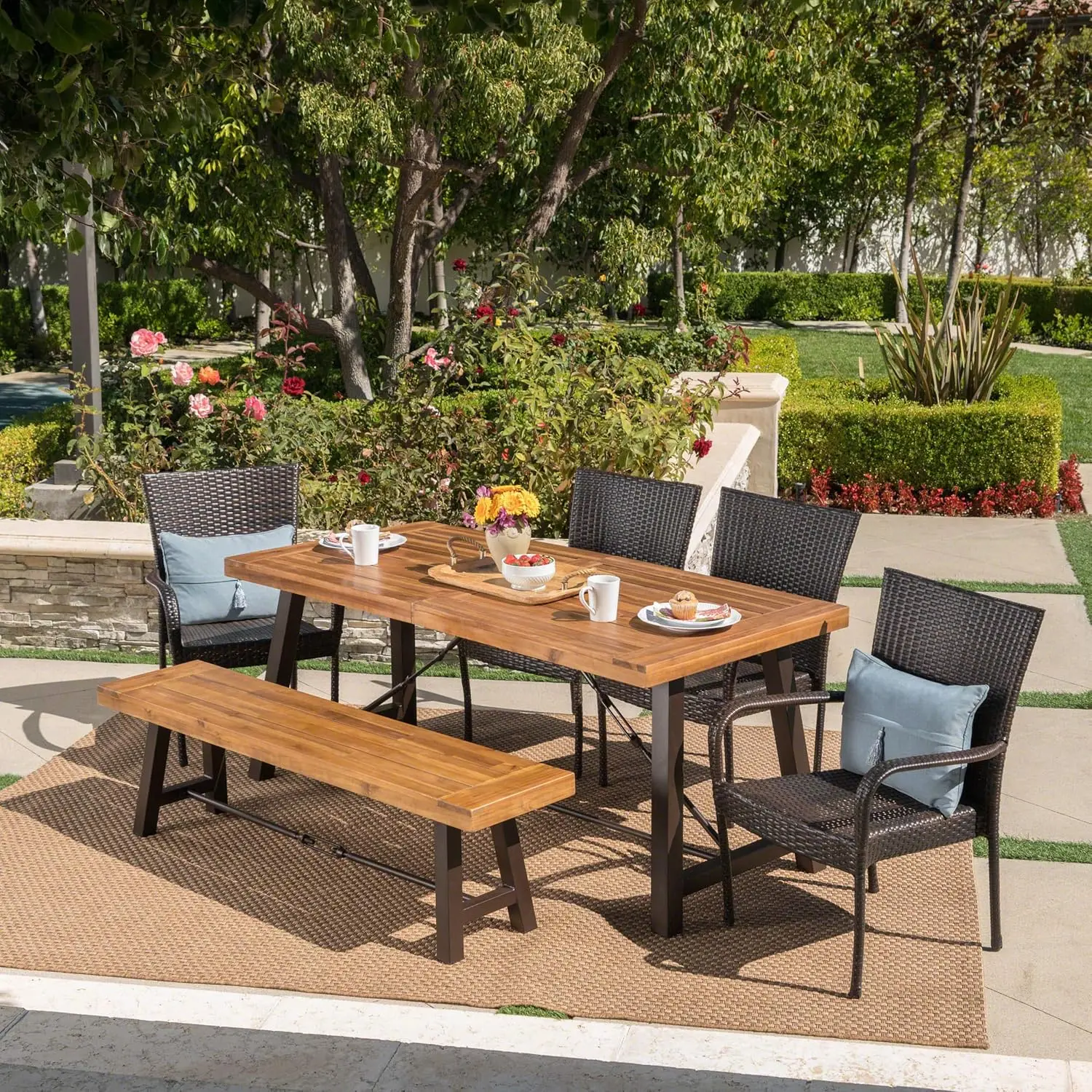 Salla Outdoor Acacia Wood Dining Set with Wicker Stacking Chairs 6-Pcs Set Teak Finish / Rustic Metal / Multibrown