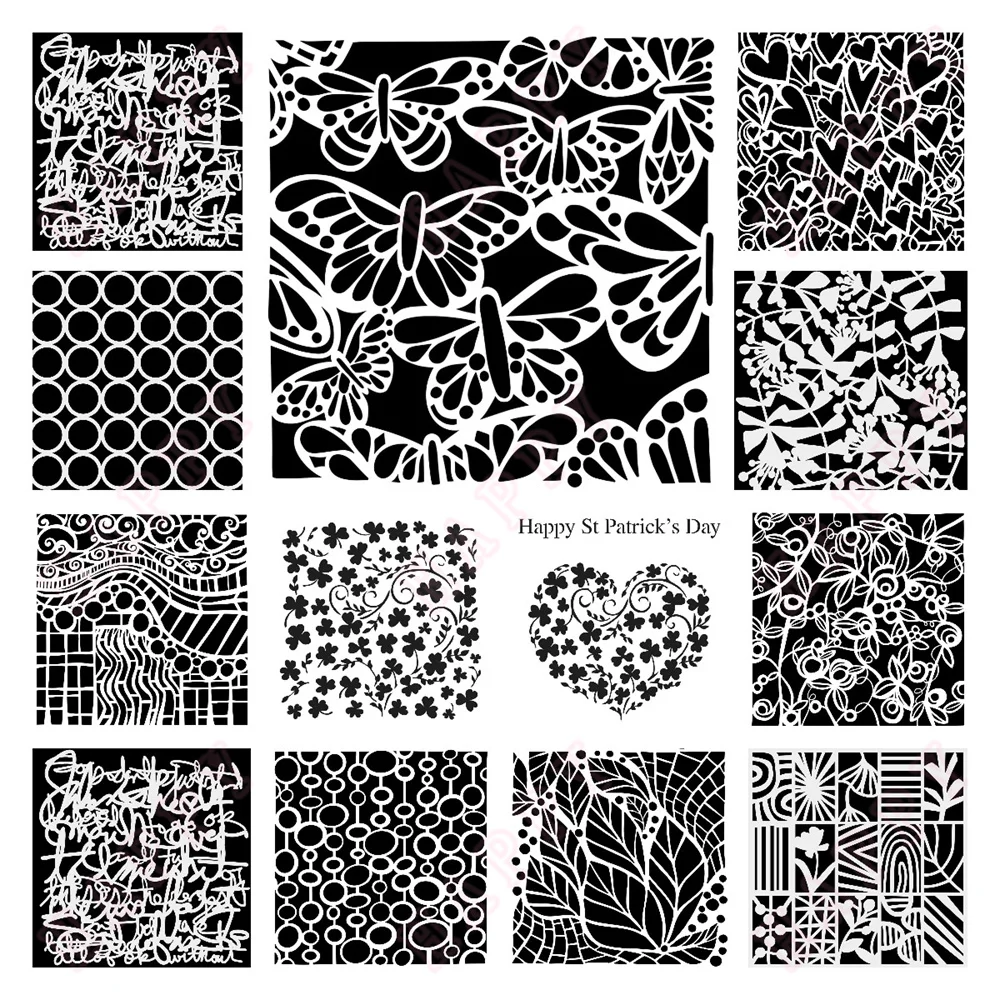 Grid of Rings and Botanical Rectangles Stencil for DIY Scrapbooking Photo Embossing DIY Paper Card Shamrock Background Stencil