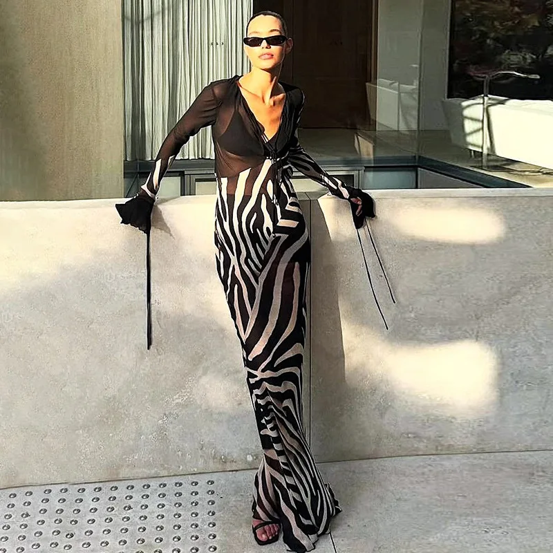 Bangniweigou Strisce alla moda Stampa Color-block Abito sexy in rete a maniche lunghe con scollo a V da donna trasparente da spiaggia