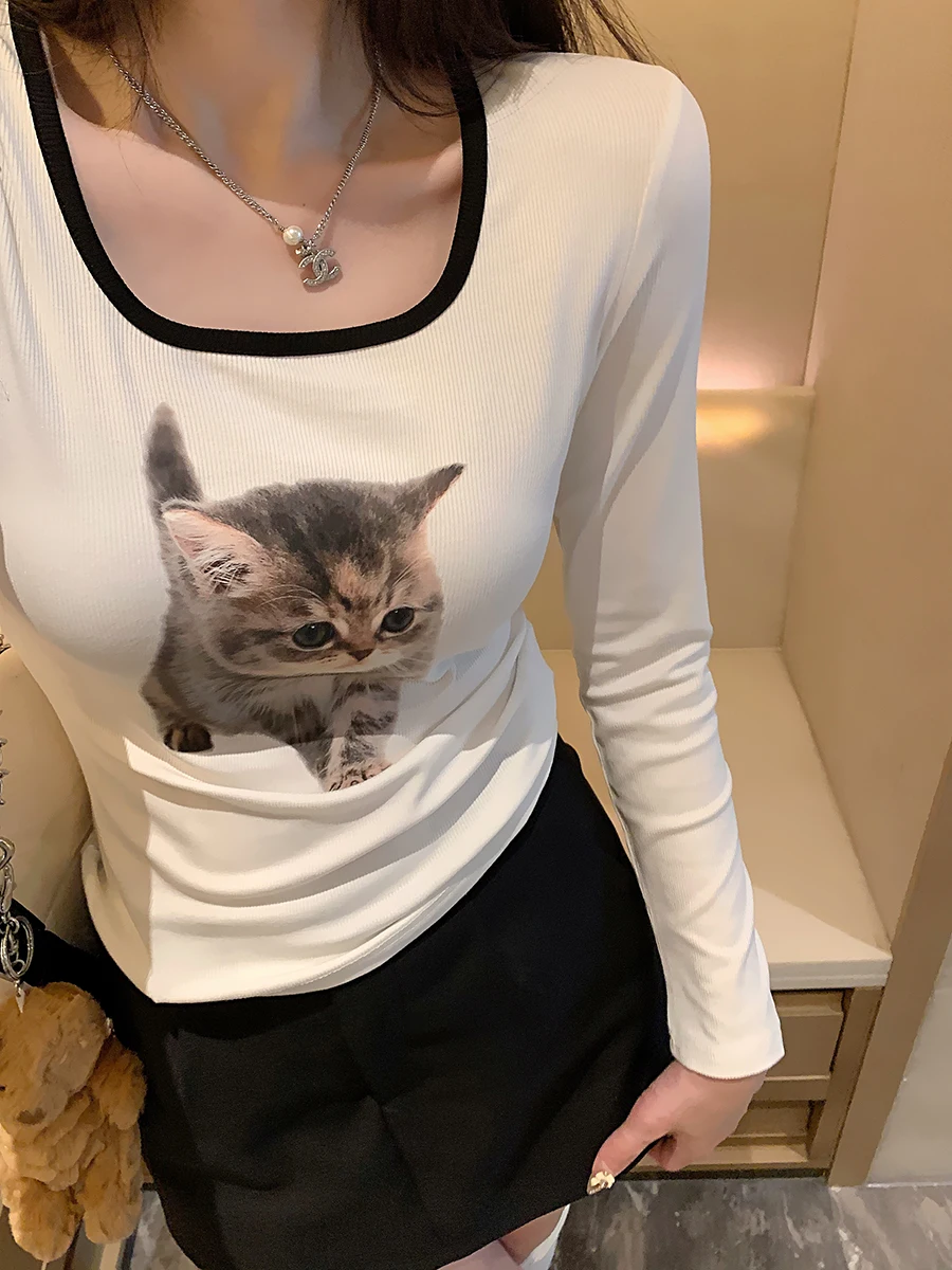 

Футболка женская Zhuangda с принтом, длинный рукав, цветной, приталенная, повседневная, из чистого хлопка, для девочек-подростков, модная