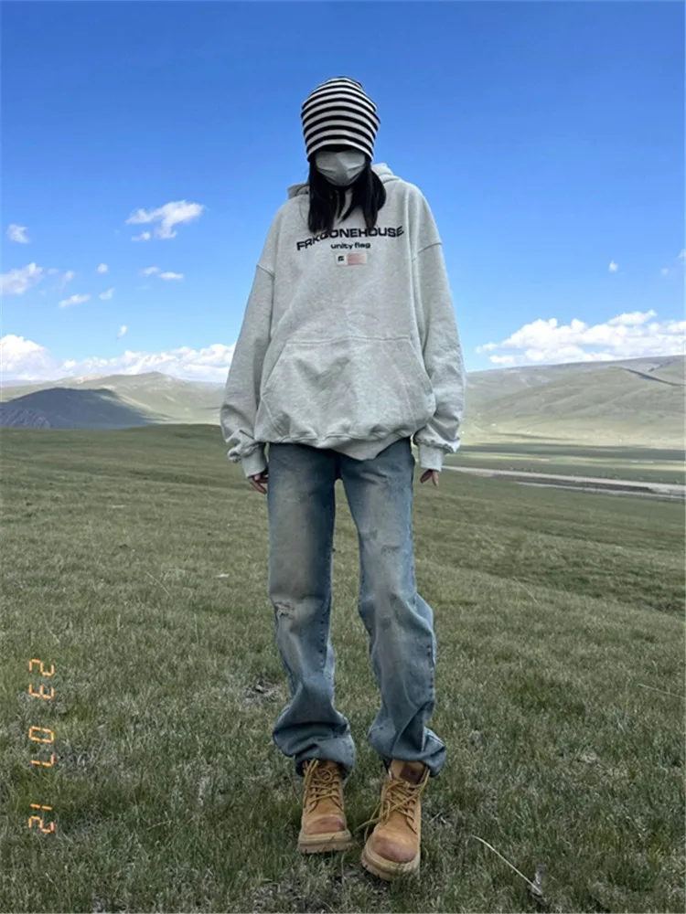 

Extended Size 175 Women's Loose Fit High Waist Straight Leg Jeans Worn in Style Long Length Floor Sweeping Retro American Design