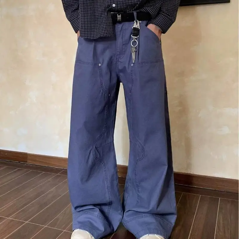 Men's Minimalist Style Blue Casual Pants Summer Streetwear Wide-leg Trousers Boy Bottom Male High Waist Commuting Sweatpants