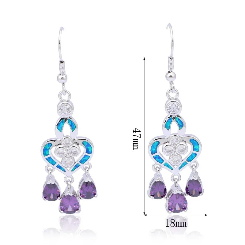 Heart Shape Earrings with Blue Opal and Lavender Drop Gems,Boho Chic Dangle Earrings for Women,Hypoallergenic Statement Jewelry view 2
