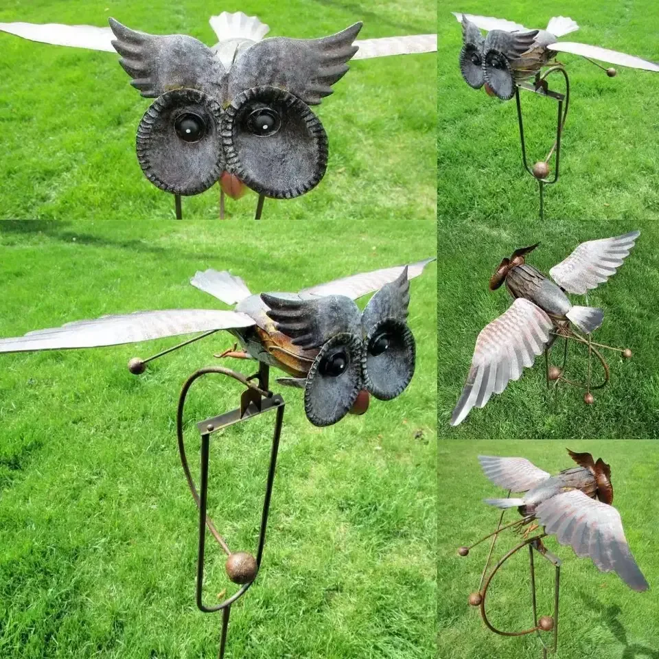 Wrought Iron Owl Windmill Outdoor Art Decorative Garden Garden Pile Ornament Handicraft Handmade