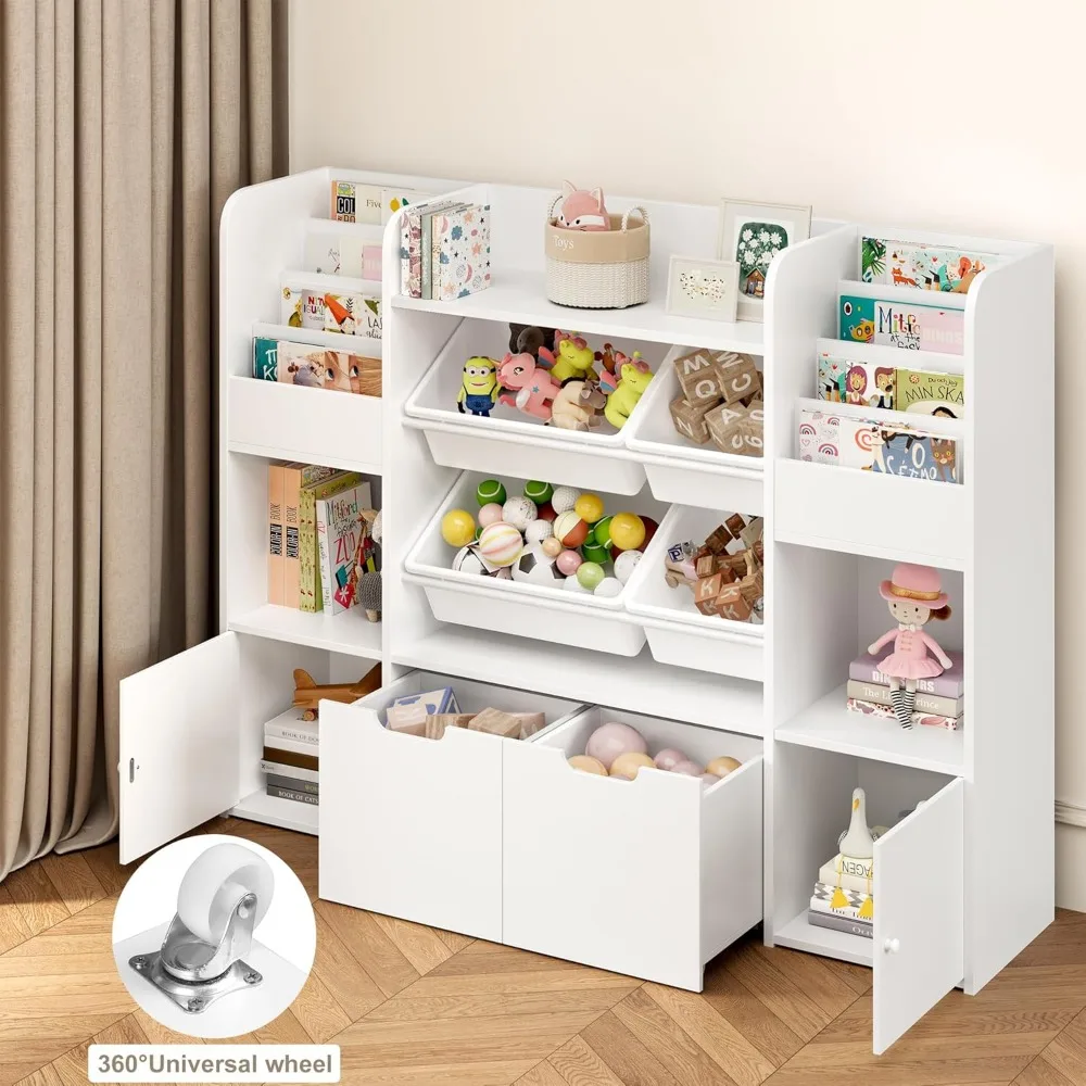 Organizador de armazenamento de brinquedos grande de 50 '' com 4 caixas de brinquedos, organizadores de brinquedos e armazenamento com 6 cubículos de armazenamento e 2 gavetas móveis