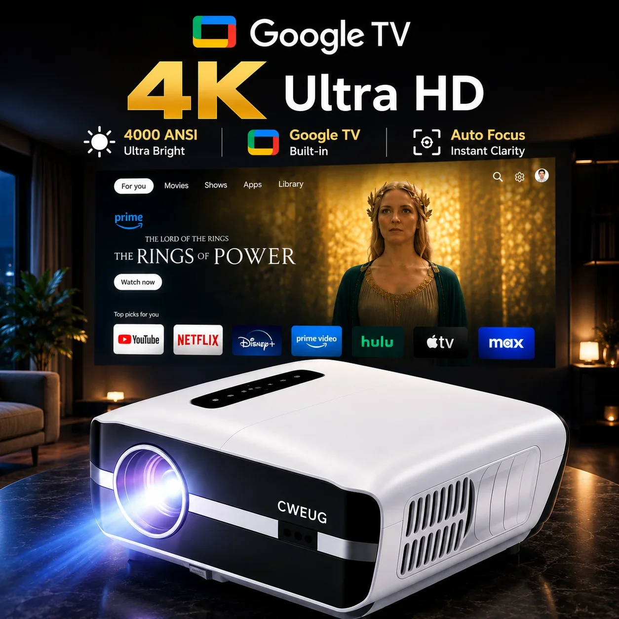 New 4k Projector Auto Focus Daytime Projector 2.4+5G Wifi Bluetooth HDMI TOF Dust-proof Movie Video Google TV Projectors 2026