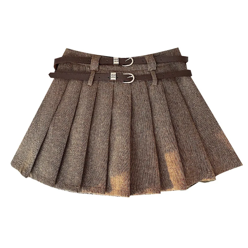 Woll-Plissee-Kurzrock für Damen im Herbst und Winter, koreanische Version, College-Stil, doppelter Bund, hoch taillierter A-Linien-Rock