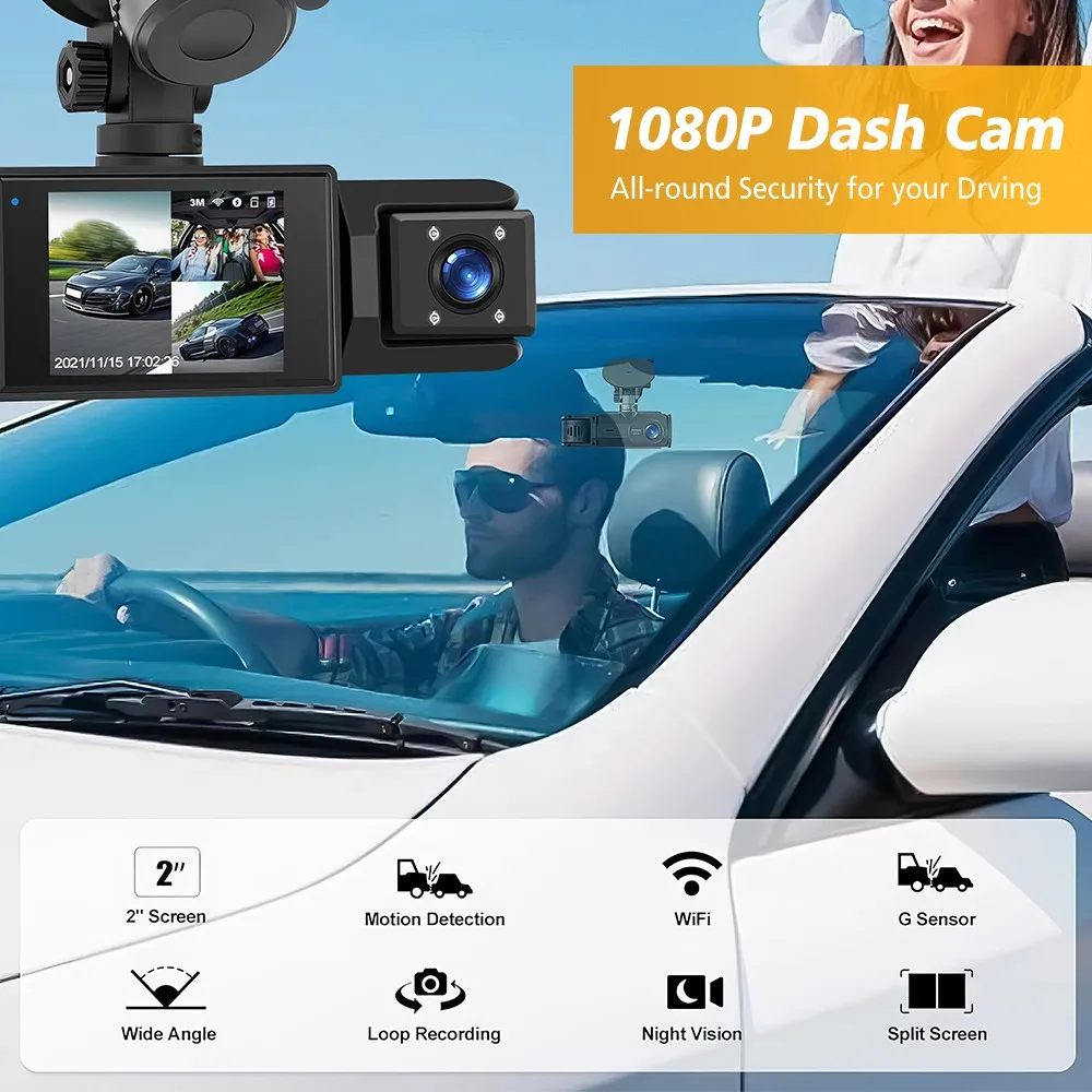 1080P Car Dash Camera 3-Way Triple Lens Dashcam WiFi Car DVR Front Interior Rear Cam Loop Recording G-sensor 2.0Inch Registrator