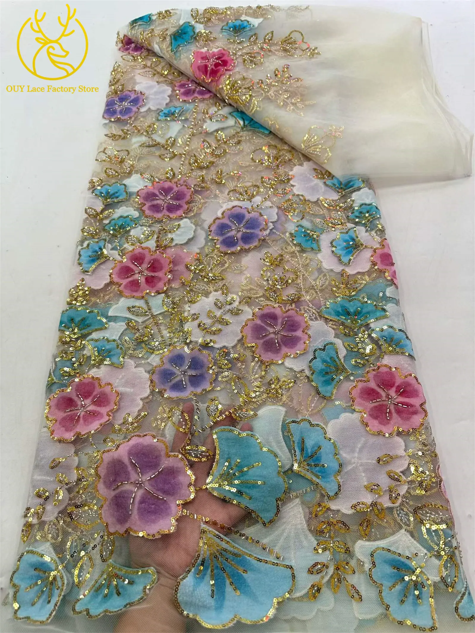 Nigerianischer eleganter Perlen-Blumen-Spitzenstoff, 5 Yards, modischer französischer Spitzenstoff mit goldenen Pailletten für Brautkleider zum Nähen – Detail 11