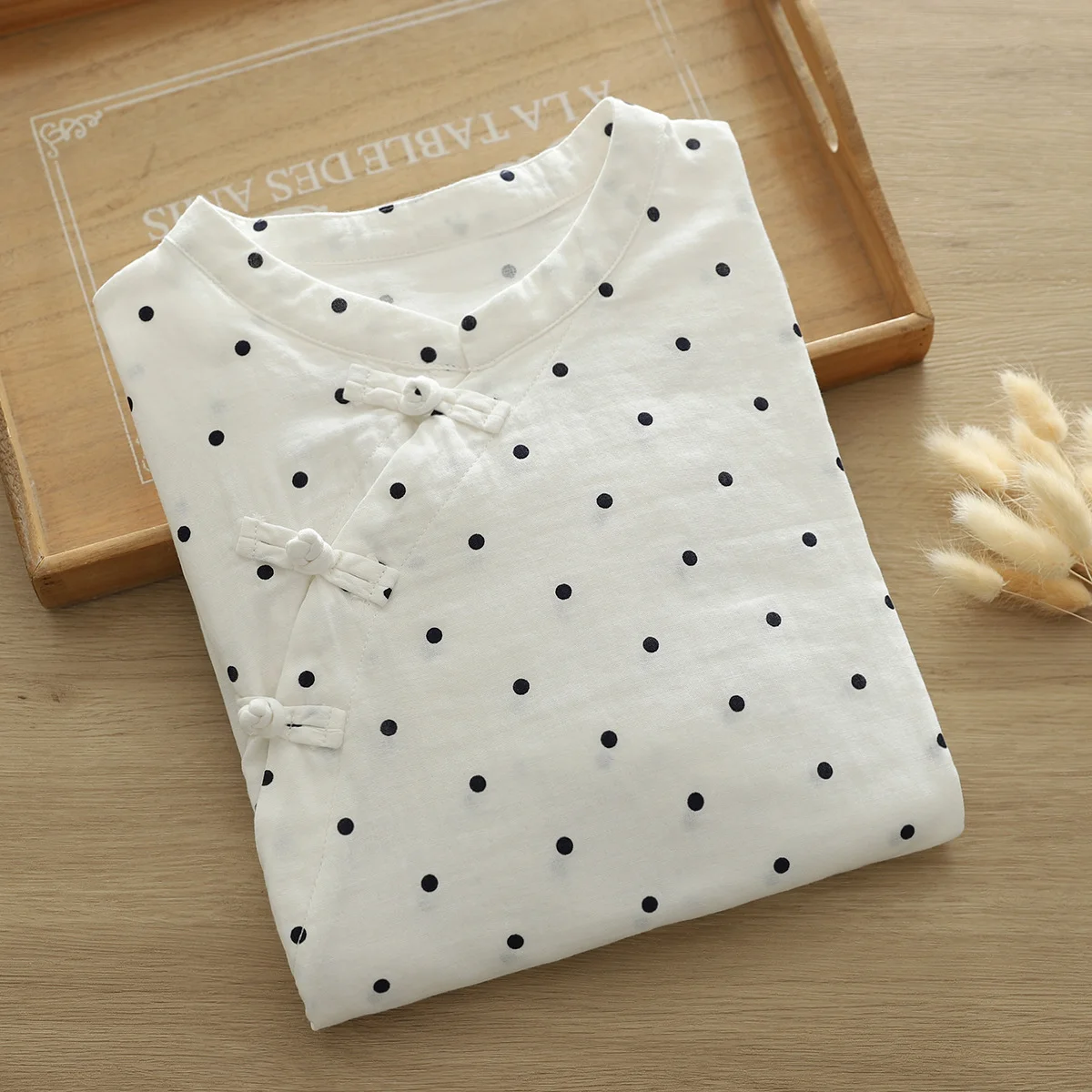 2024 Vintage Polka Dots Shirts & Blouses Chinese Buttons Three Quarter Sleeve Dot Blouses Women Cotton Yarn Elegant Top Female