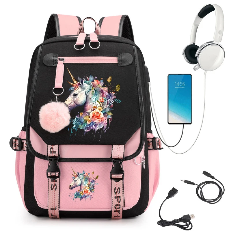 Grande capacidade cavalo Anime Schoolbag para meninas, mochila estudantil, sacos de desenhos animados, USB Bookbag, estudante do ensino médio