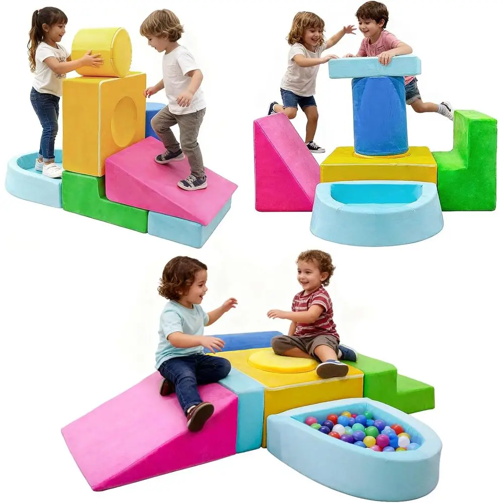 Set di blocchi di schiuma per bambini da 7 pezzi, palestra interna colorata per strisciare, arrampicata, scorrevoli, età 1-3 anni