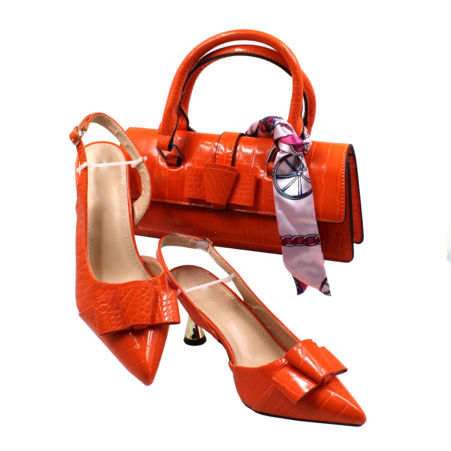 

Новые итальянские женские туфли оранжевого цвета с блестящими кристаллами и тонкими каблуками, в комплекте с сумкой, для вечеринок в саду