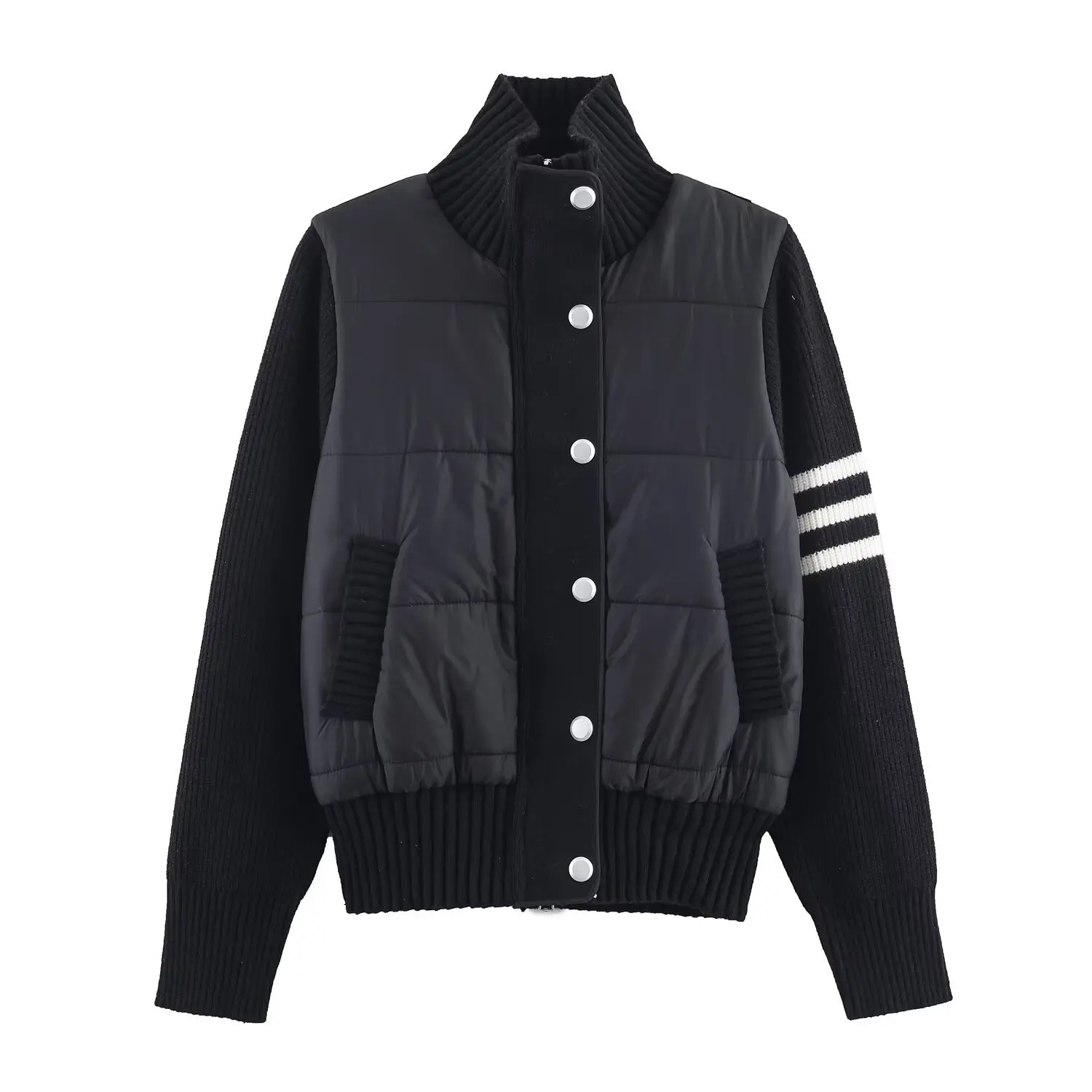 新冬商品、スタンドカラー、ショート丈コットンジャケット、ニットスプライシングデザイン、カジュアルジャケット、綿入りジャケットトレンド