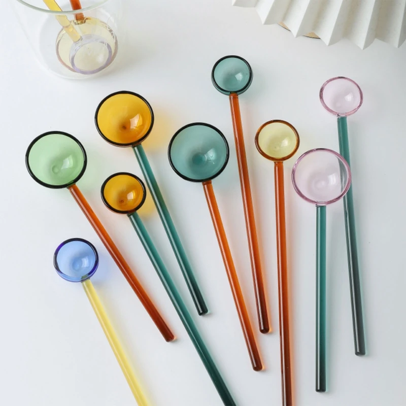 Colored Glass Dessert Spoon Transparent Long Handle Coffee Stirring Spoon for Home Fruit Juice Coffee Iced Beverage Mixing