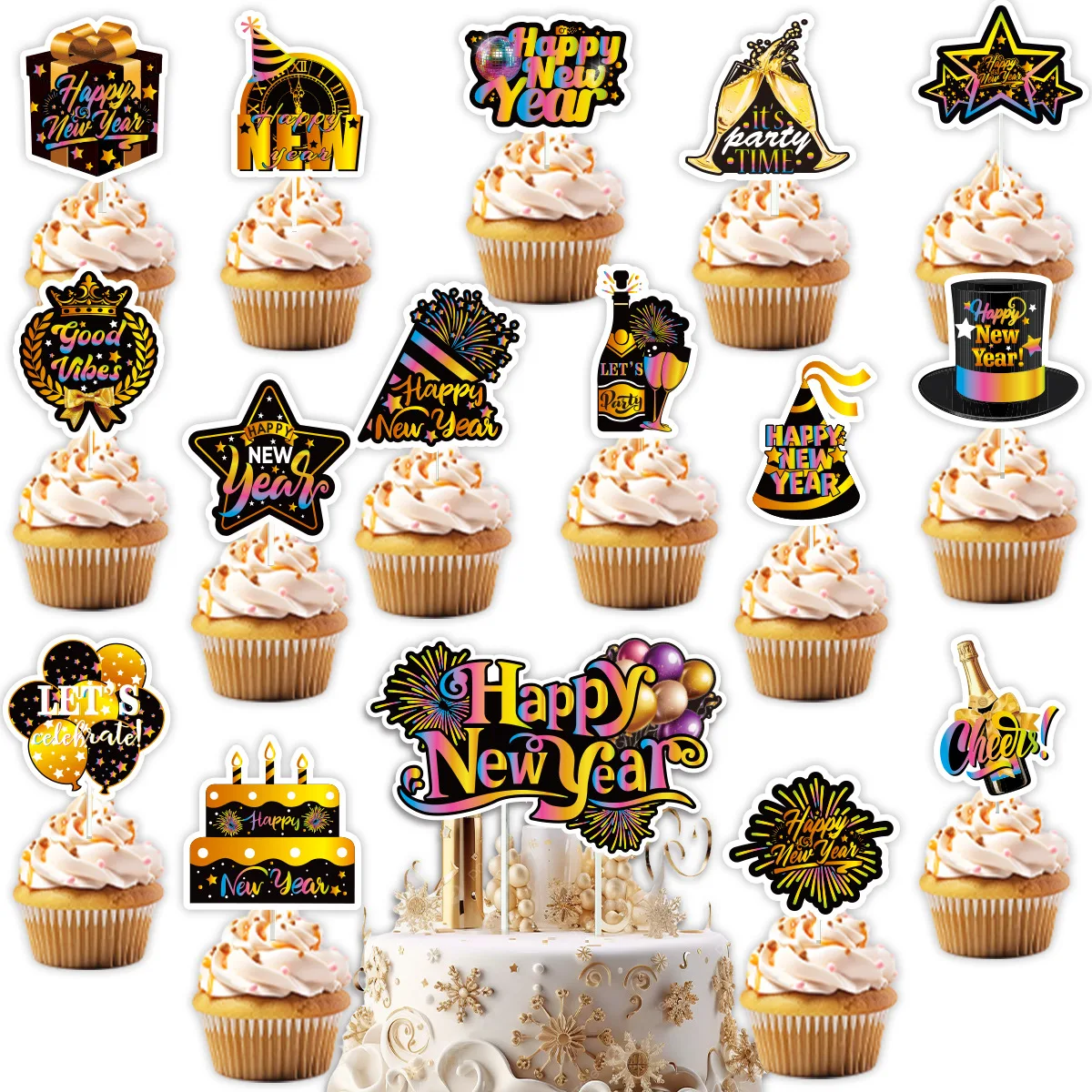 Happy New Year 2025 Banner, Black and Gold Happy New Year Cupcake Toppers Party Supplies, Hanging Bunting Party New Years