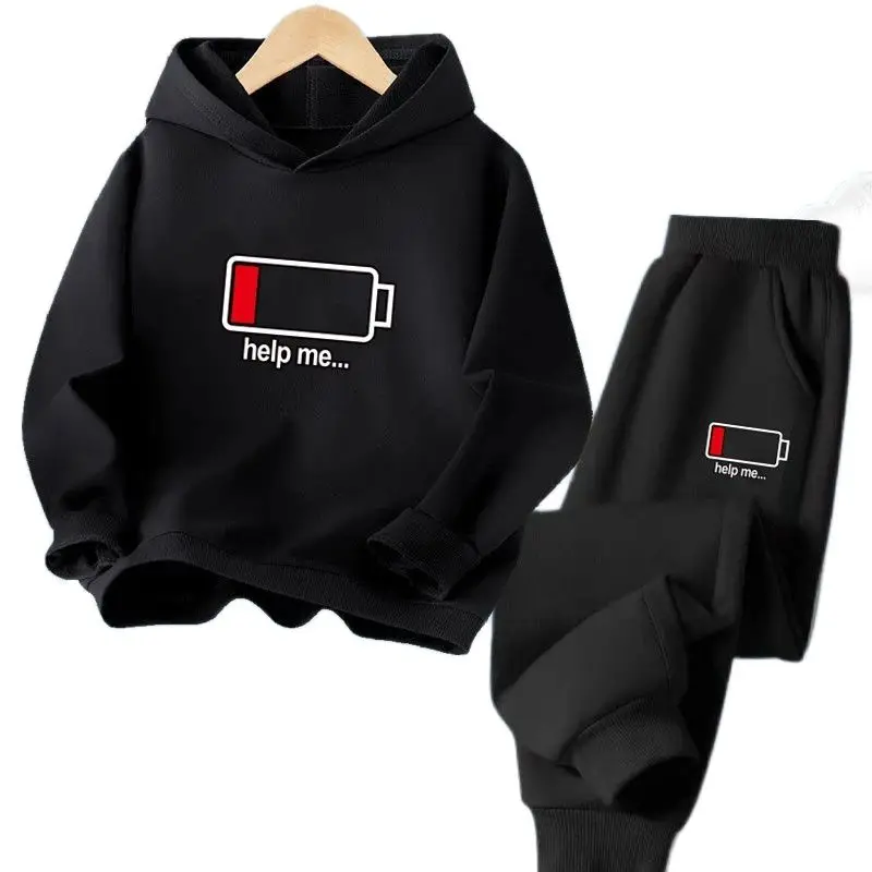 3-14years Kids Spring 2Pcs Set Funny Low battery Help Me Boys Hoodie Sweatshirts+Pants Set Teens Tracksuit Clothes