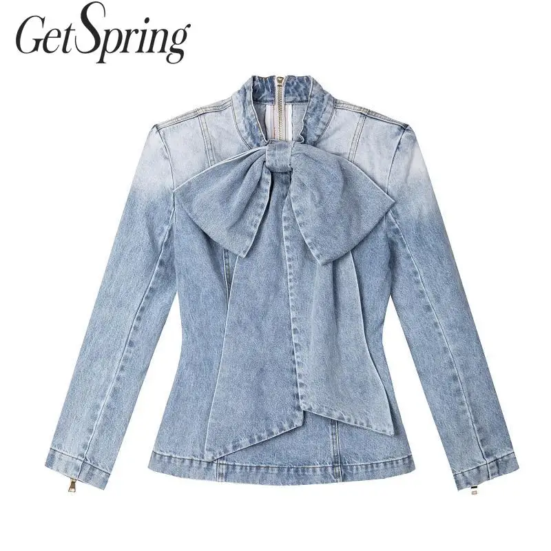 Getspring Women Blouse Denim blouse Long Sleeve Jean Blouses Retro Bow Women Shirt All Match Ladies Tops Spring Top 2023 Fashion