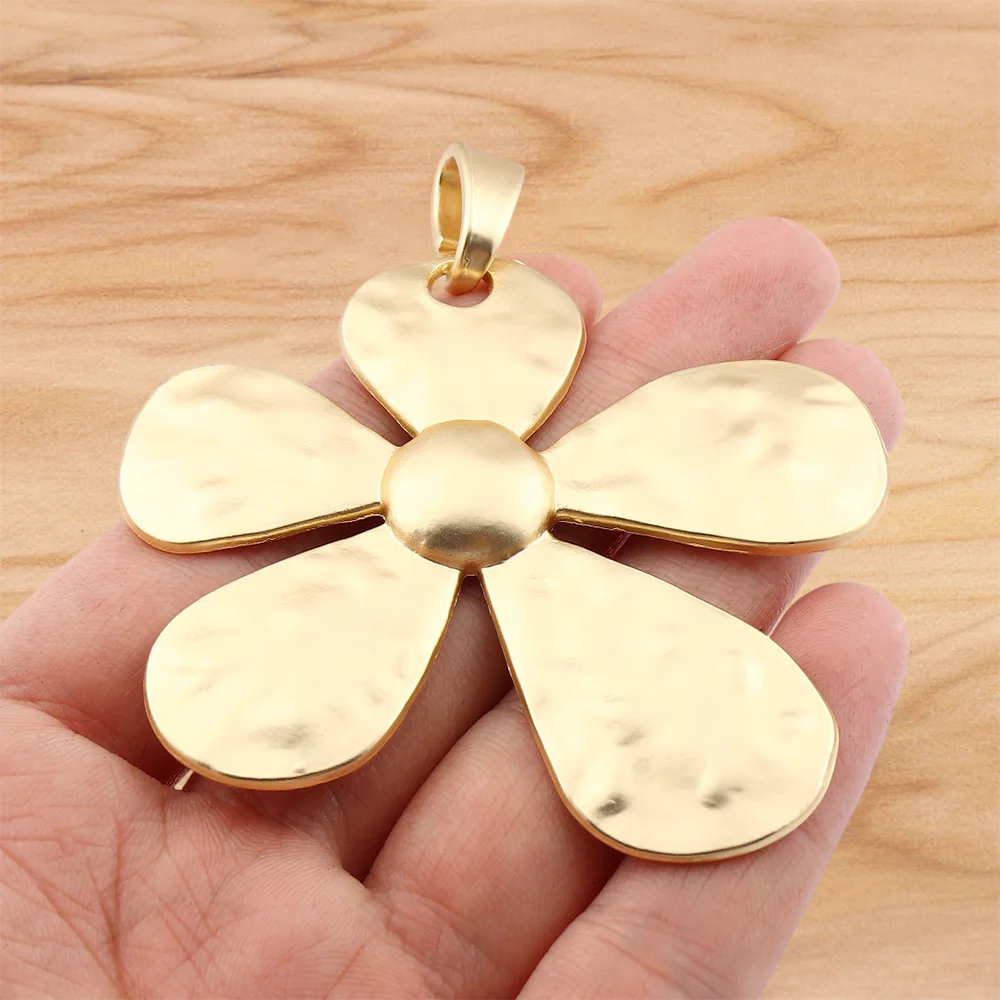 1 Piece Matt Gold Color Large Hammered Flower Charms Pendants for DIY Necklace Jewelry Making Findings Accessories 68x60mm