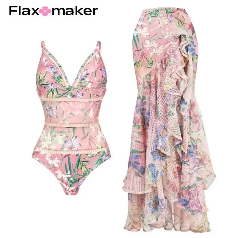 FLAXMAKER Floral Print One Piece Swimsuit and Mesh Splicing Skirt Women Swimwear Push Up Bathing Suit Monokini