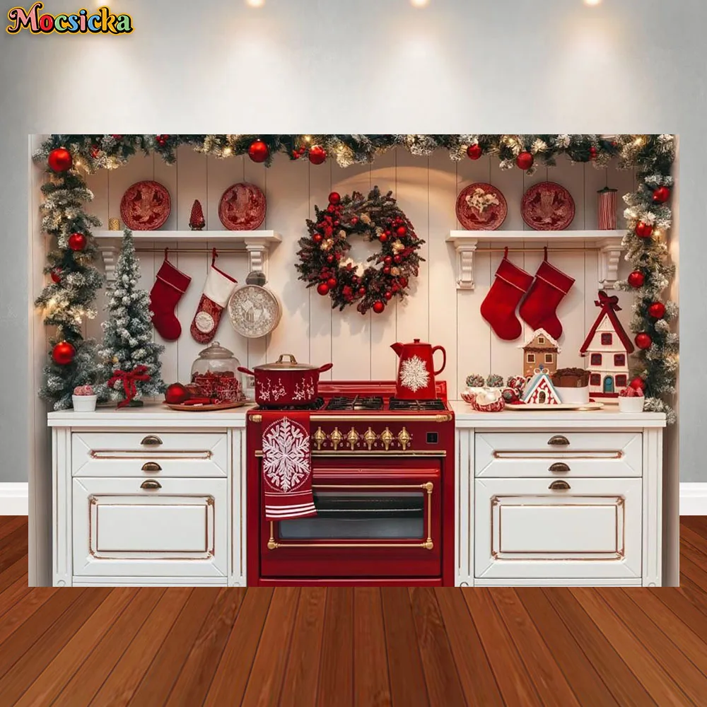 

Christmas Kitchen Photography Background Wreath Red Socks Holiday Decoration Kids Family Portrait Photo Studio Props Banner