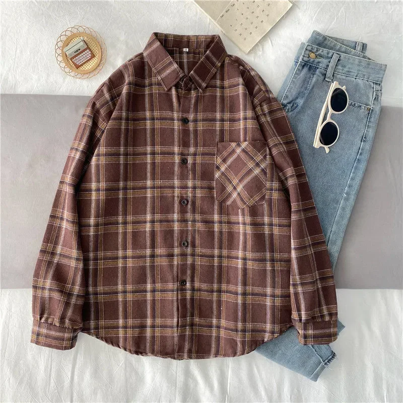 CHAXIAOA Vintage Women Plaid Shirts Autumn Long Sleeve Oversize Button Up Tops Korean Loose Casual Fall Outwear Femme Shirts