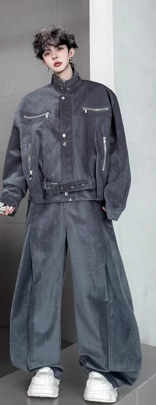 الرجال 2025 شتاء جديد شارع العليا الرجعية جاكيت زيبرا مجموعات الرجال الراقية أنيق 2 قطعة سميكة واسعة الساق السراويل قطعتين مجموعات #2