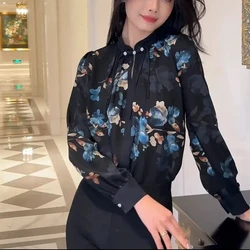 2024 Spring New Long Sleeve Stand Up Collar Loose Buckle Casual Versatile Comfortable Lightweight Retro Lady Shirt Printed Shirt