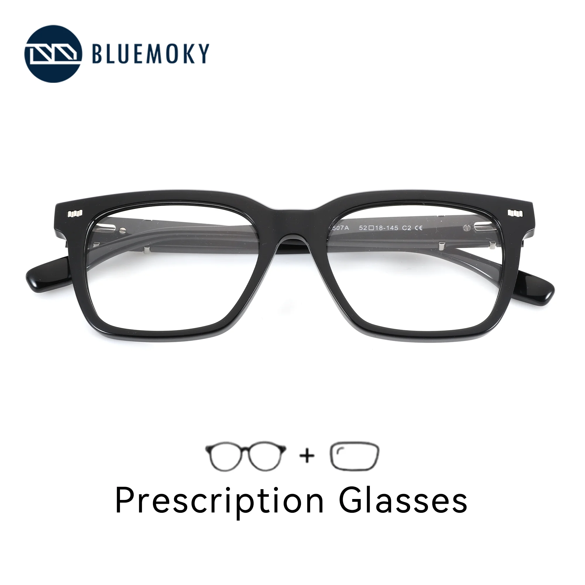 BLUEMOKY Mens Square Prescription Glasses Acetate Frame Photochromic Blue Light Blocking Lenses for Myopia Correction Optical