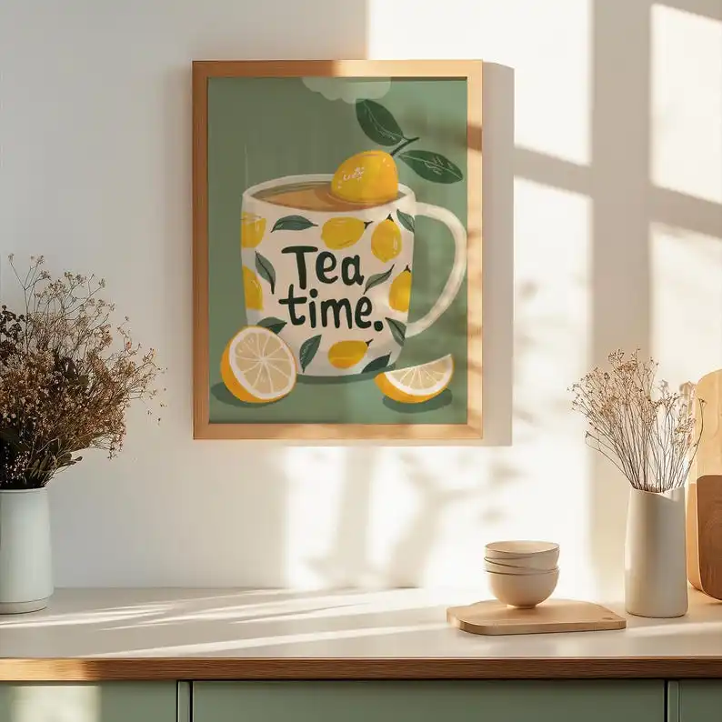 Modern Lemon Tea Time Aesthetic Canvas Wall Art Poster, Frameless Kitchen Wall Art Prints for Living Room Decor & Tea Lover Gift