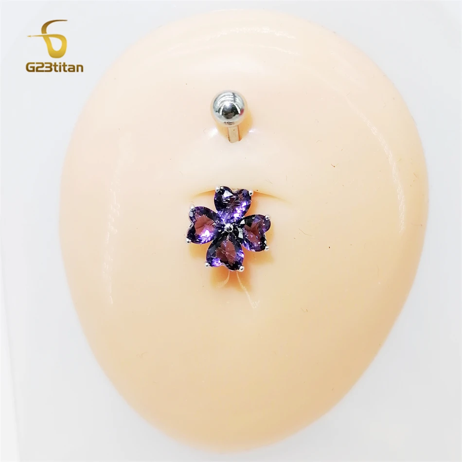 G23titan Bright Crystal Clover Belly Button Ring for Women Love Heart Petal Zircon G23 Titanium Body Piercing Jewelry Navel Bar image 6