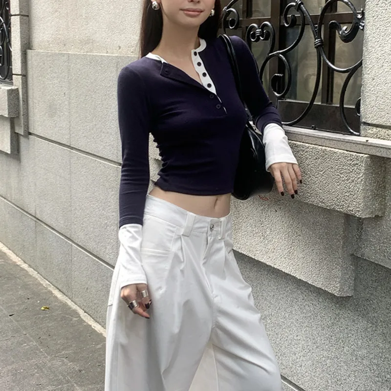 

Свободная трикотажная футболка с цветовыми блоками, модная женская, с длинным рукавом, различные стили, базовая одежда, облегающая, высокоэластичная.