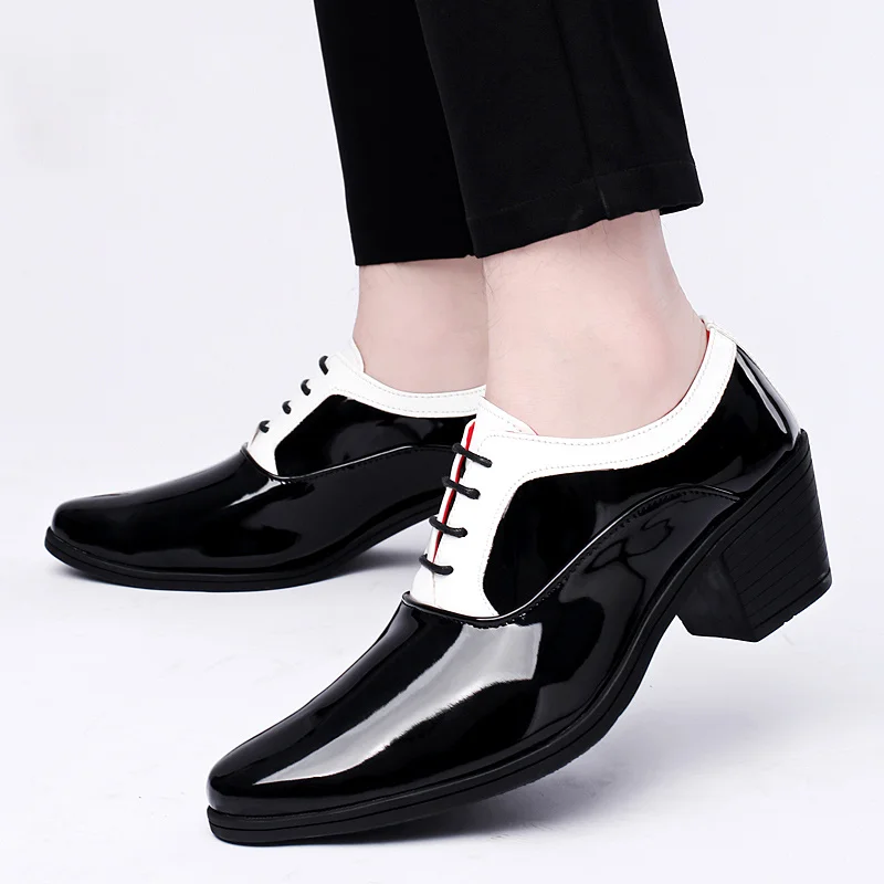 Fashion Shiny White Black Office Heels Men Formal Shoes Genuine Leather Platform Wedding Shoes Men Dress Shoes zapatos de vestir