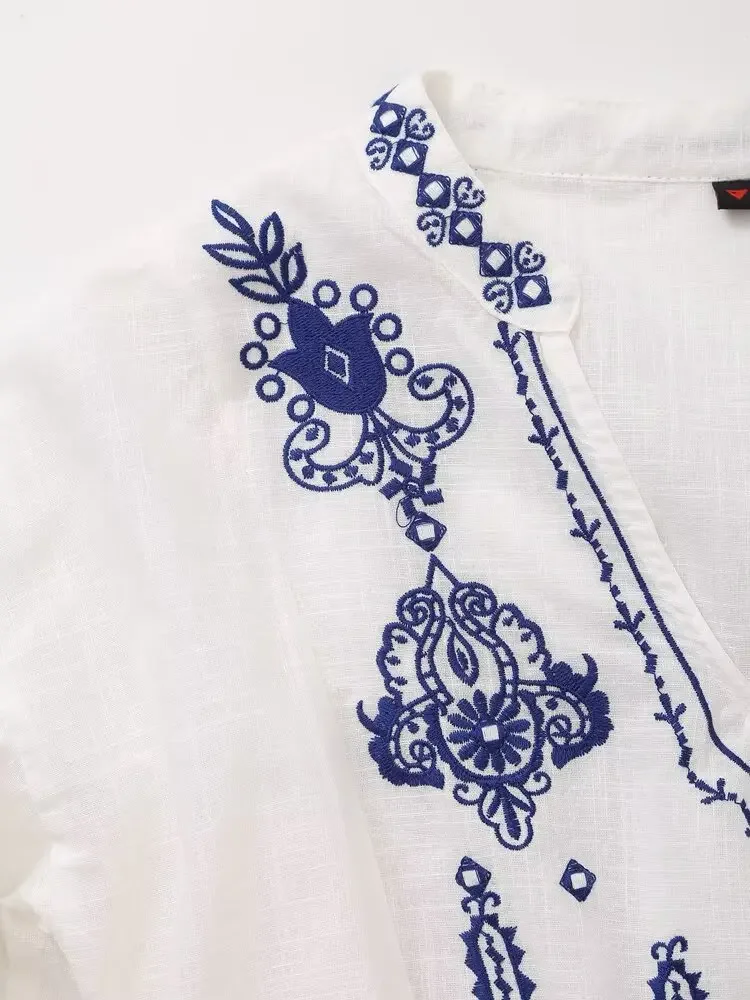 ヴィンテージ気質 V ネックの女性のファッションルーズペプラムシャツ女性のエスニックスタイル刺繍文学長袖シャツ