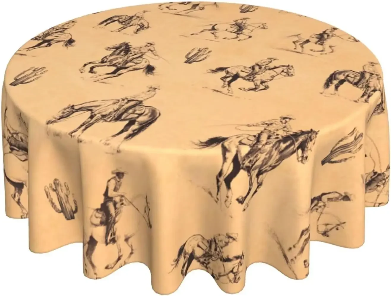 Western Wild Rodeo Cowboy Circle Tablecloth - Vintage Desert Cactus Horse Riding Party Diner Cover