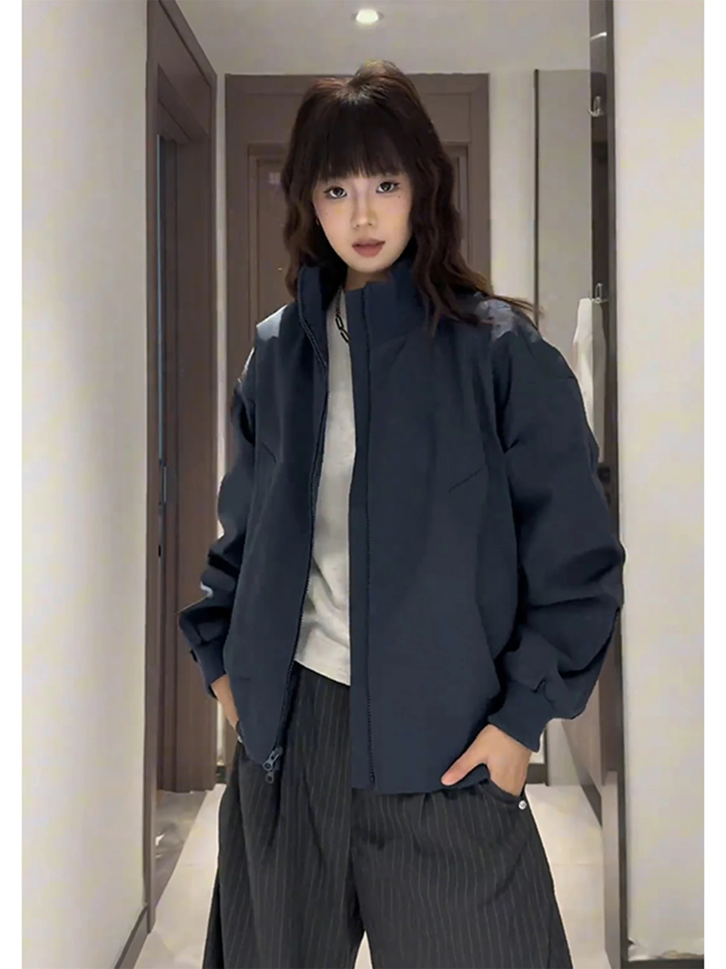 

Мужская куртка-бомбер Oumulong, синяя, с воротником-стойкой, укороченная, в уличном стиле, осенняя коллекция