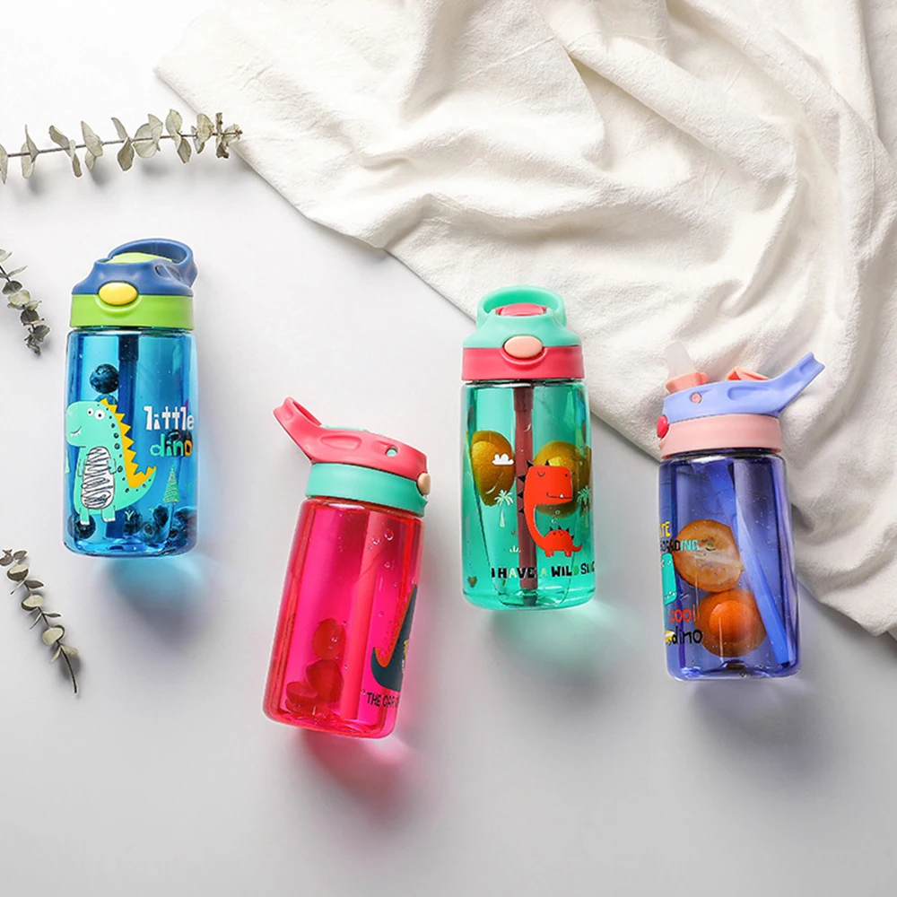 480ml Dinosaur Kids Water Bottle Water Sippy Cup Cartoon Leakproof Plastic Bottles With Straw Outdoor Portable Children's Cup