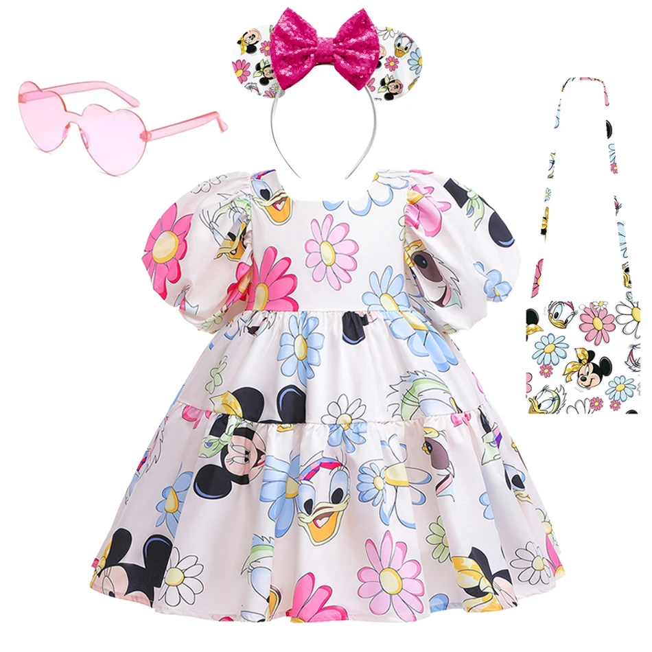 Vestido casual sem costas para meninas, roupas infantis, criança, Mickey, Minnie Mouse, Daisy Cartoon, manga folhada, vestidos bonitos para bebê, verão