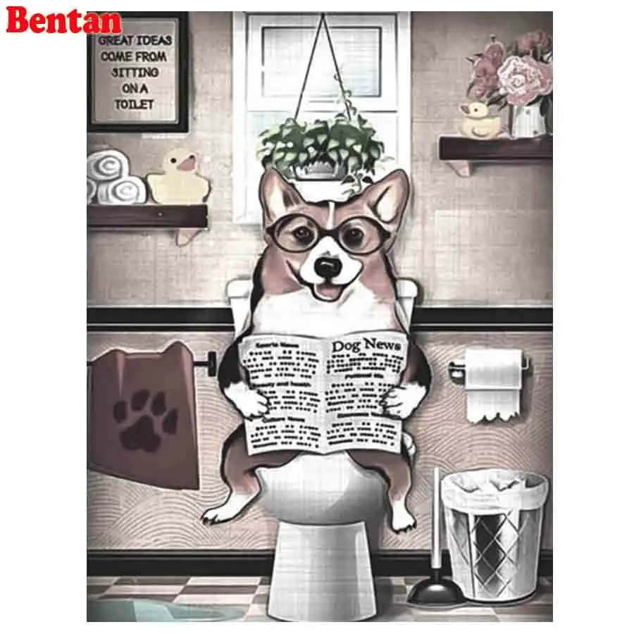 5D Diy Diamond Painting Corgi Reading The Newspaper In The Toilet Full Square Drill Rhinestone Pet Dog Diamond Embroidery Decor