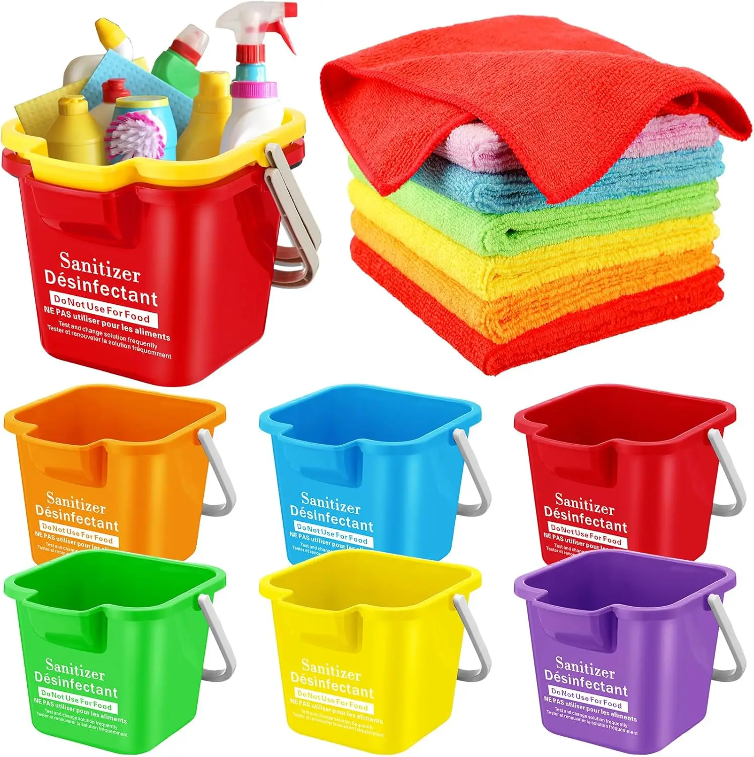 

6 Sets 3 Quart Cleaning Bucket with Microfiber Cleaning Cloths Small Sanitizing Square Bucket Detergent Plastic Utility P