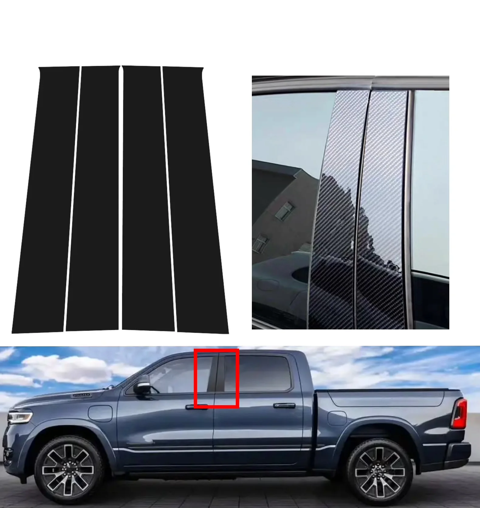 4PCS Gloss Black  Pillar Posts Carbon Fit For Dodge Ram 1500 2500 3500 2019-2023 Window Decor Door Side Mouliding Trim Cover