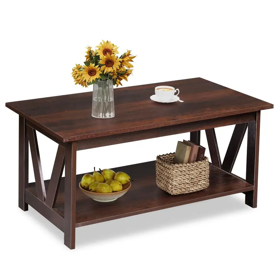 

Coffee Table with Storage Shelf, 39.4 Farmhouse Coffee Table with VFrame Support, 2Tier Wood Rustic Center Table for Living Roo