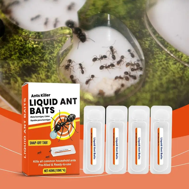 Cebos líquidos para hormigas, trampas para hormigas de 4x10ml, estaciones de cebo seguras para mascotas para interiores para reducir y eliminar colonias para jardín, cocina, patio y granja