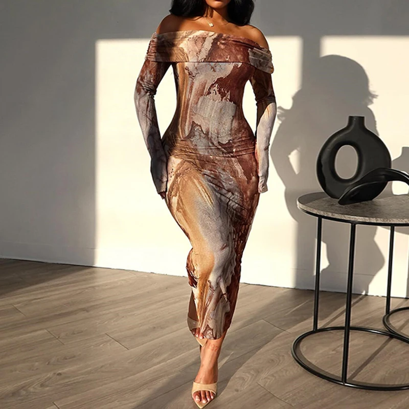 

OMSJ Vintage Printing Women's Stylish Slash Neck Off-shoulder Long Sleeved Sheath Mid Length Wrap Hip Dresses Elegant Streetwear