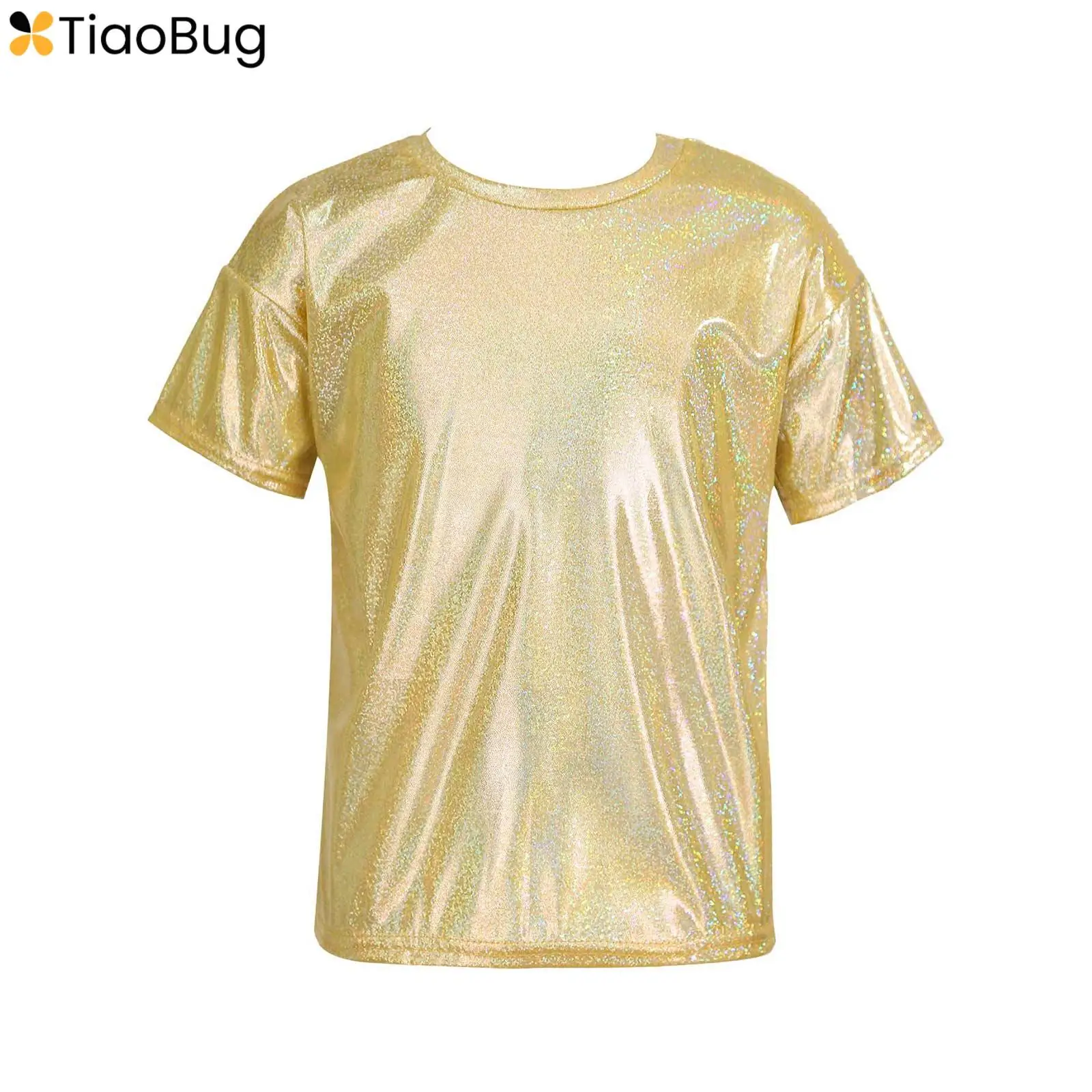 

Kids Boys Girls Metallic Shiny Jazz Street Dance Tops Short Sleeves Loose T-Shirt Stage Performance Party Costume Dancewear